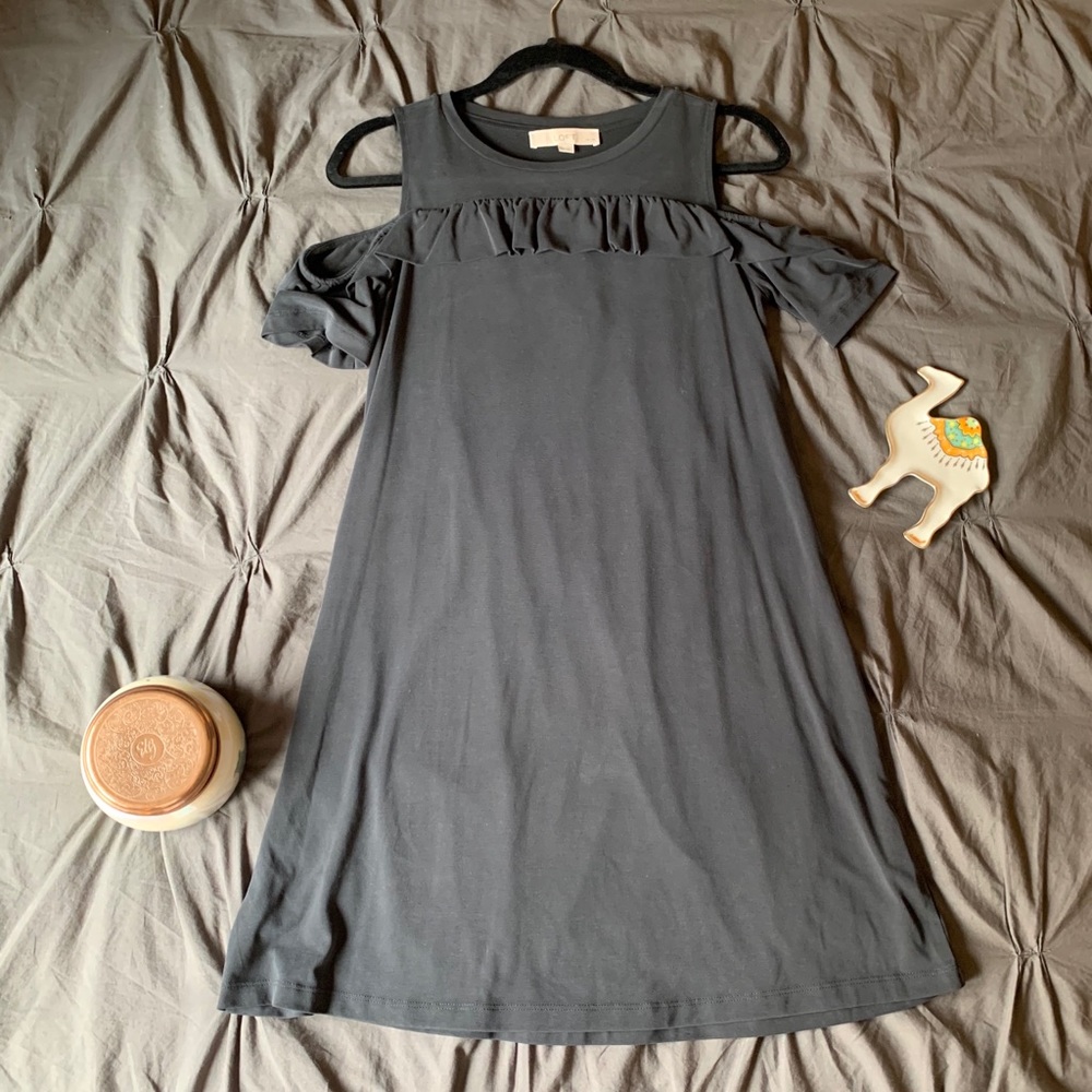 Loft petite ruffle cold shoulder swing dress